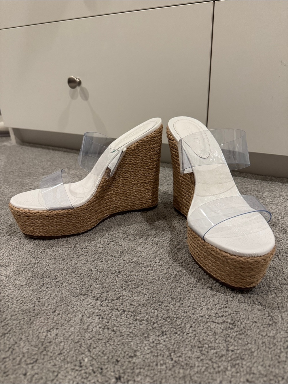 SCHUTZ White Espadrille Platform Wedge Sandals with Clear Straps